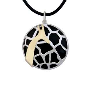 Rhodium Plated Sterling Silver Black Agate Giraffe Black Cord Pendant 