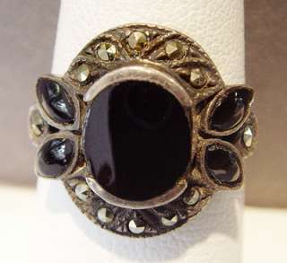Antique Sterling Silver Ring with Black Onyx and Marcasites  