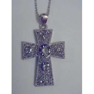  Silver and Grey Crystal Cross Necklace 