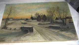 ANTIQUE 1907 SNOW BRIDGE ROAD COUNTRY PRIMITIVE FOLK ART OIL PAINTING 