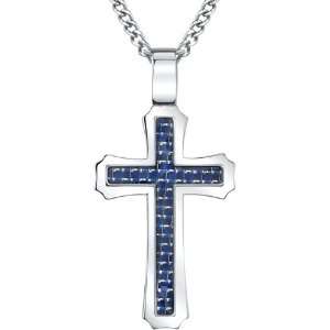   Steel Cross With Blue Carbon Fiber Inlay 24 Curb Chain: Jewelry