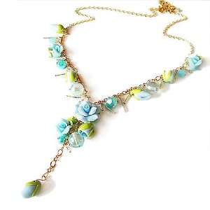 Bohemian Style Rose Clay Flower Sweet Crystal Necklace (Baby Blue with 