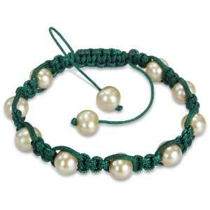   Green Silk Cord Pistachio Pearl Shambhala Bead Bracelet, 8 Jewelry