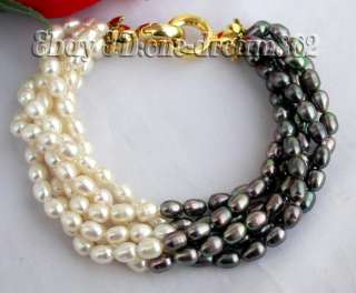 Attractive 6strands 8 white black rice freshwater pearl bracelet