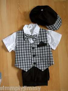 Baby Boy Toddler Dark Brown Formal tuxedo Vest Suit Set w/hat Size 
