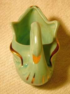 Vintage American Bisque Swan Planter Vase Art Pottery Blue W Gold Trim 