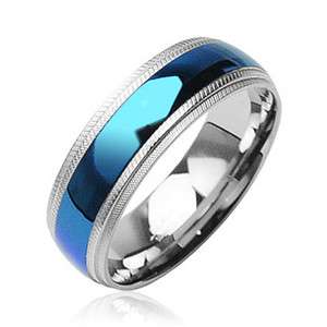 Stainless Steel Mens Blue Stripe Milgrained Edge Comfort Fit Ring 