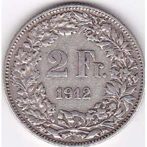  1912 Switzerland 2 Franc Coin   Silver Content 83,5% 