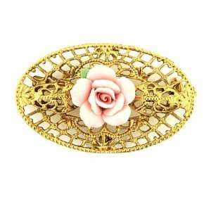  1928 Porcelain Rose Gold & Pink Filigree Brooch 