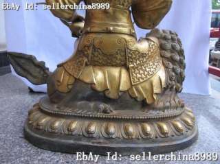 Tibet Folk Temple Bronze gold Kubera Dharmapala on Foo Dog Lion statue 