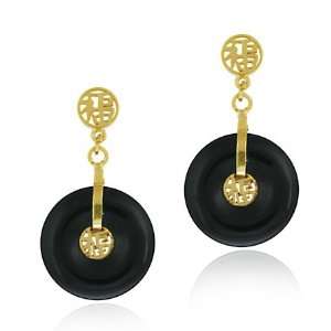   Gold over Sterling Silver Onyx Chinese Motif Disc Earrings Jewelry