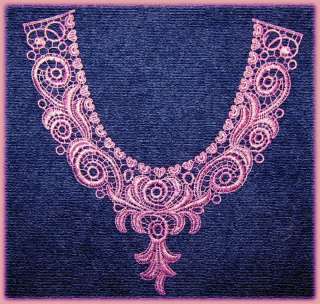This iced pink Necklace Venise Applique is full of tightly stitched 