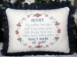 CROSS STITCHED PILLOW, GRANDMOTHER, MOTHER HEART OF GOL  