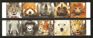 GREAT BRITAIN 2011 WWF ENDANGERED SPECIES 10 VALUES MNH  