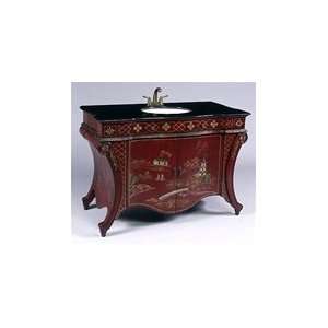  Red Chinoiserie Vanity W/Black Marble Top, White Sink 