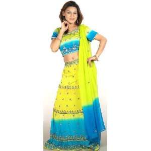 Chartreuse and Turquoise Lehenga Choli with Multi Color Sequins   Pure 