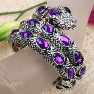 Purple Resin Crystal Bead Snake Alloy Bracelet Bangle  