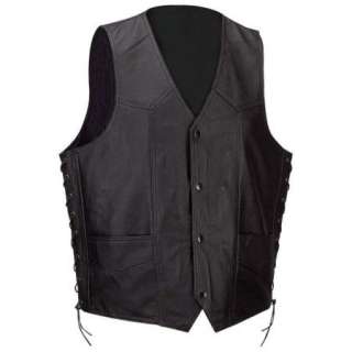 Mens Solid Black Leather Motorcycle Vest Lined Laced  