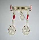 VINTAGE RETRO TENNIS RACQUETS & BALL PIN ~ BROOCH ~ GREAT STOCKING 
