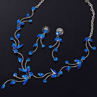 Gift Jewelry Set Necklace Earrings White Gold Plated Blue Sapphire For 