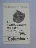 Vintage Radiogram Columbia Radio Record Player Brochure c.1938  