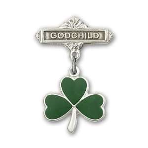   Silver Baby Badge with Shamrock Charm and Godchild Badge Pin Jewelry