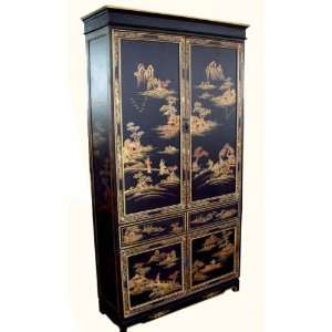  Oriental Armoire in Antique black with Rich Gold Landscape 
