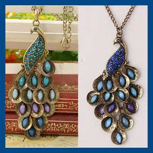   Antiqued Green Blue Prancing Peacock Multi Sequin Long Necklace hot