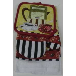  COFFEE POT 2 KITCHEN TOWELS, 2 OVEN MITTS & 2 POT 