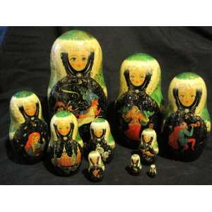 10 Piece Russian Nesting Dolls, Signed, Hand Painted, Lacquer Finish