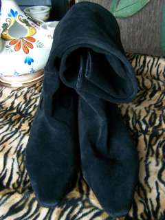 VTG 80s Liz Claiborne Black Tall Suede Flat Leather Riding Knee High 
