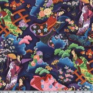   45 Wide Geisha Garden Blue Fabric By The Yard: Arts, Crafts & Sewing