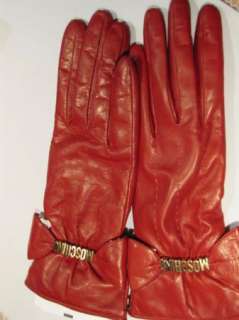 MOSCHINO GLOVES BOW heart metal gold logo leather RED winter cashmere 