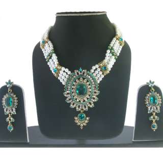 EXCLUSIVE GOLD TONE FAUX PEARL TURQUOISE CZ SEA GREEN KUNDAN NECKLACE 