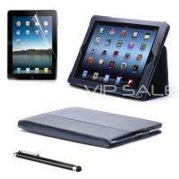 APPLE IPAD 3 BLACK LEATHER CASE COVER WITH POCKETS + STYLUS + SCREEN 