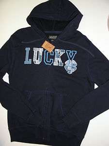 Lucky Brand Navy Hooded Lucky Patchwork Zipper Sweatshirt Mens M 4NL 