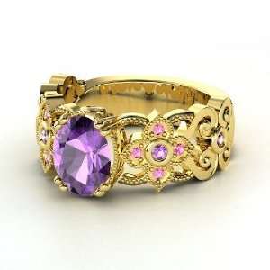 Mantilla Ring, Oval Amethyst 14K Yellow Gold Ring with Amethyst & Pink 