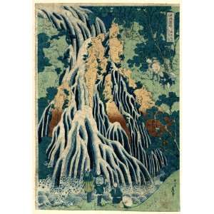  Japanese Print travelers admiring a waterfall. Shimotsuke kurokami 