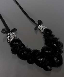 style #307767301 black chiffon rosette and crystal detail bib necklace