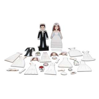 Two wooden doll figures with stands Ten magnetic bridal gowns and hat 