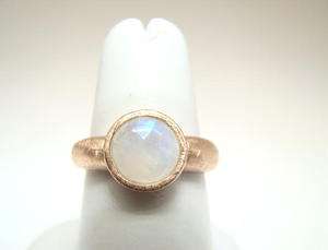 Rainbow Moonstone Round Bezel Sterling Rose Gold Clad Textured Ring 
