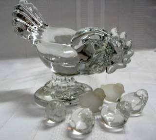 New Martinsville Crystal Glass Hen Chicken & 6 Chicks (2 Frosted & 4 