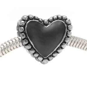  Silver Tone With Black Enamel Heart Shaped Large Hole Bead 