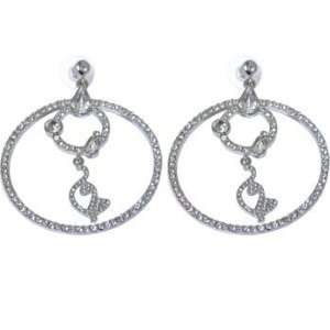 Baby Phat Large Silver Tone Jewel Paved Hoops With Dangling Cat 