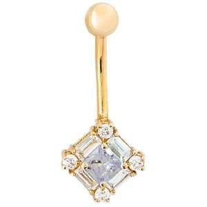 Princess Cut CZ with Emerald Cut Accents 14K Yellow Gold Belly Button 