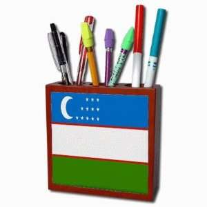  Uzbekistan Flag Mahogany Wood Pencil Holder Office 