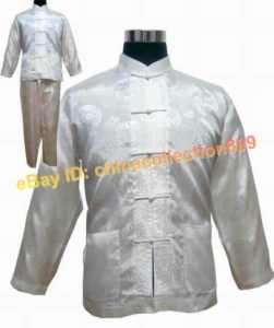 Chinese Mens Jacket Pants Kung Fu Suit White MHJ 14  