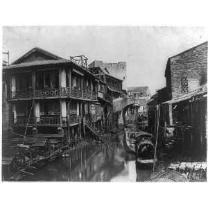 Canton,China,c1880,Canal,Bridge,Sampans,Buildings