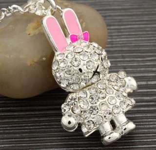 Cute rabbit clear pink swarovski crystals chain necklace  