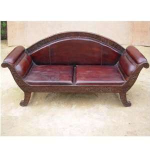  Solid Wood Leather Cushioned Handcarved Sofa Loveseat 